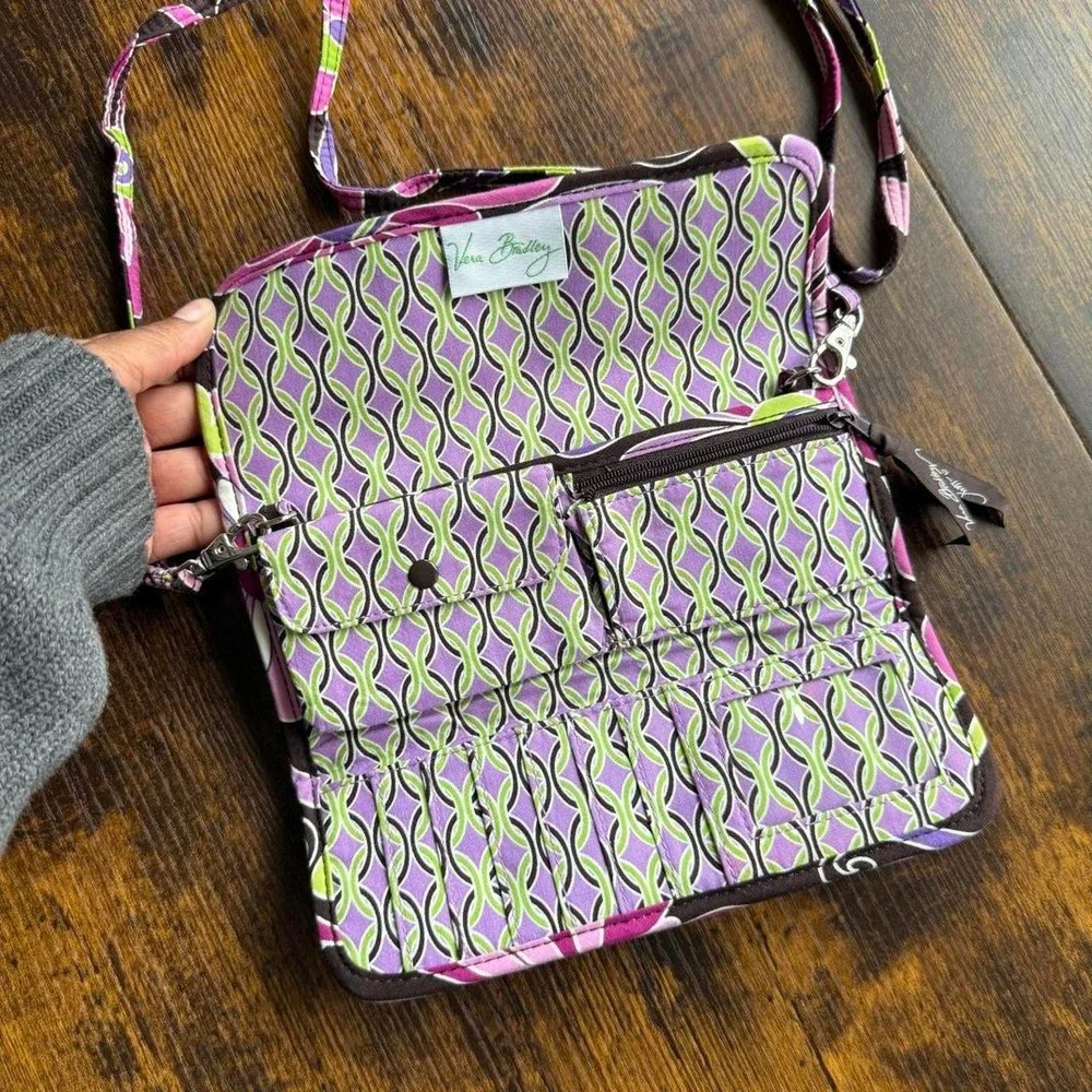 Vera Bradley Floral Quilted Crossbody Wallet Bag Brown Pink Green